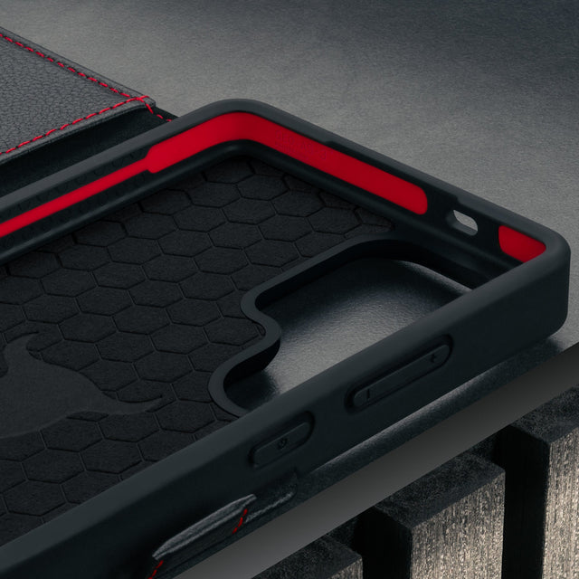 Geo-AS-3 protective layer inside the Black with Red Detail Leather Stand Case for Galaxy S26 Ultra