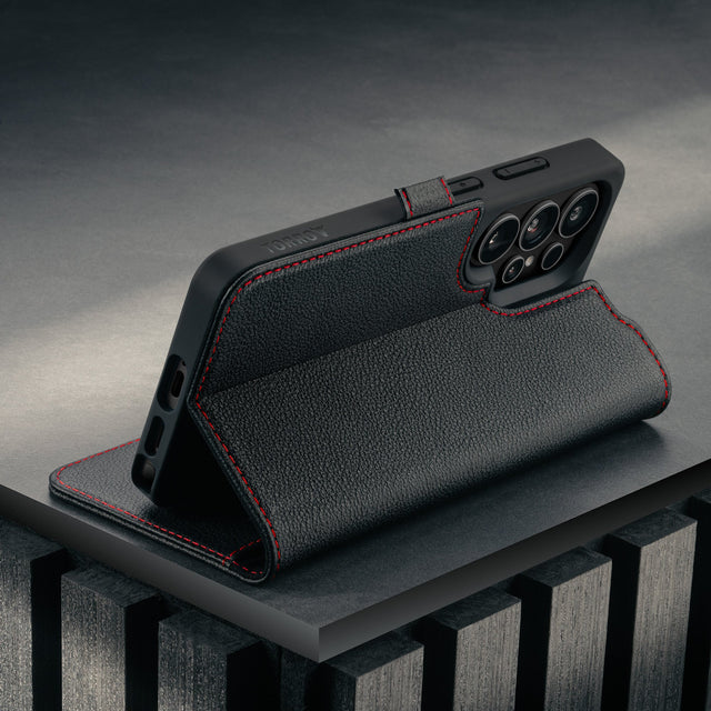 Stand feature of the Black with Red Detail Leather Stand Case for Galaxy S26 Ultra