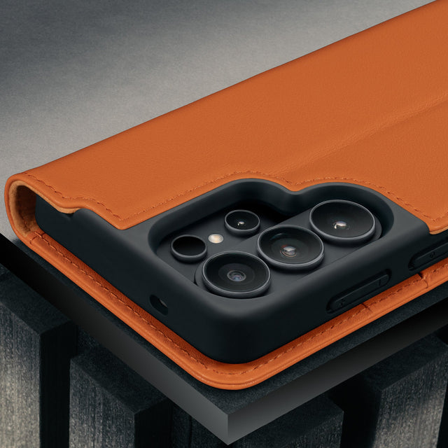 Camera cutout. onthe Orange Leather Stand Case for Galaxy S26 Ultra