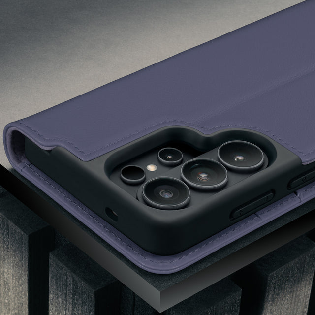 Camera cutout on the Violet Leather Stand Case for Galaxy S26 Ultra