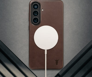 Wireless charger attached. tothe Dark Brown Leather Bumper Case for Galaxy S26+