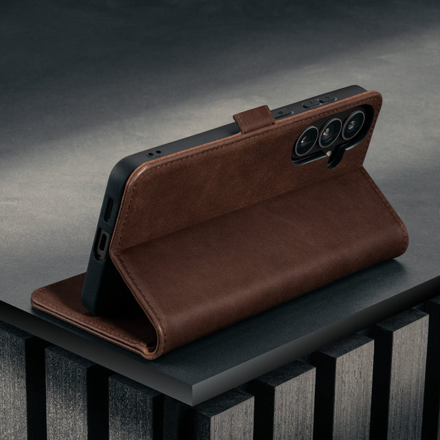 Stand feature of the Dark Brown Leather Stand Case for Galaxy S26+