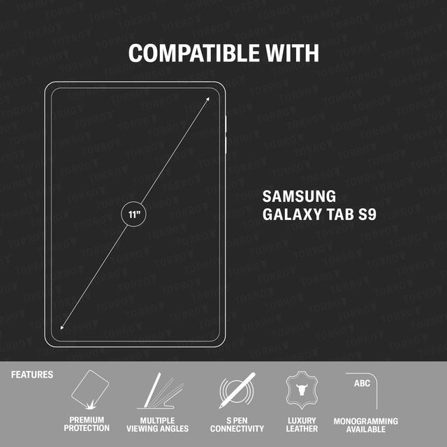 Model compatibility and features of the Black with Red Detail Leather Case for Samsung Galaxy Tab S9 / S9 FE