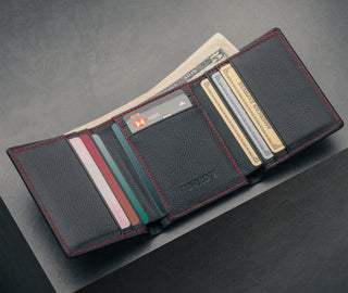 Card slots inside the Black with Red Stitching Trifold Leather Wallet