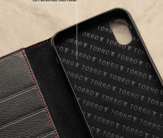 Inside view of the Black Leather (with Red Stitching) Stand Case for iPhone XR with 3 card slots