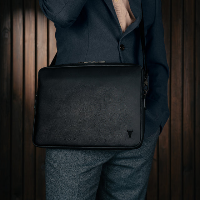 black leather messenger backpack TORRO Slim Leather Laptop Bag