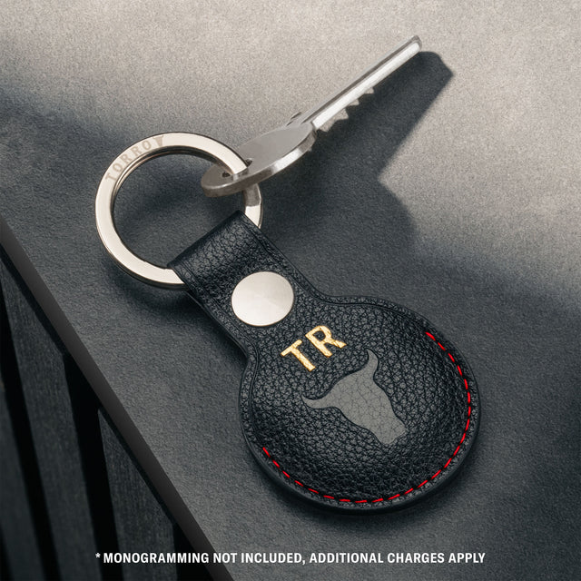 Black with Red Detail Leather Apple AirTag Holder Keyring attached to key