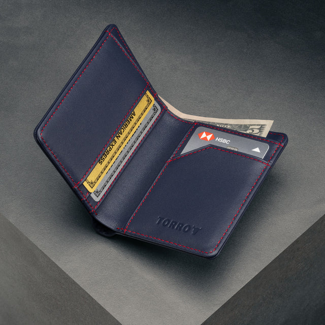 Inside of the Navy Blue (with Red Stitching) Bifold Leather Wallet