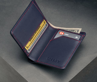 Inside of the Navy Blue (with Red Stitching) Bifold Leather Wallet