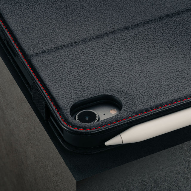 Close up of the Black Leather (with Red Stitching) Case for iPad mini 6 (2021)