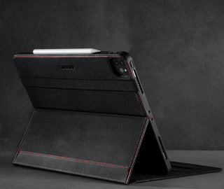 Integrated stand function of the Black Leather (with Red Stitching) Case for iPad Pro 12.9-inch