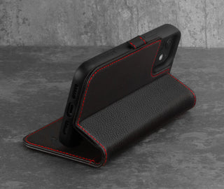 Stand function of the Black Leather (with Red Stitching) Stand Case for iPhone 12 Pro