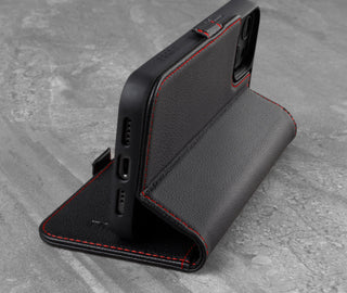 Integrated stand function of the Black Leather (with Red Stitching) Stand Case for iPhone 13 Mini