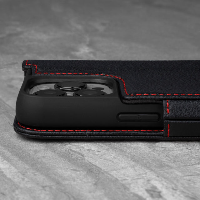 Raised camera lip of the Black Leather (with Red Stitching) Phone Case for iPhone 13 Pro Max