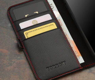 Card slots inside the Black with Red Detail Leather Wallet Case for iPhone 15 Plus