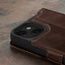 Camera cutout on the Dark Brown Leather Wallet Case for iPhone 15 Plus