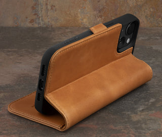 Integrated Stand function of the Tan Leather Wallet Case for iPhone 15