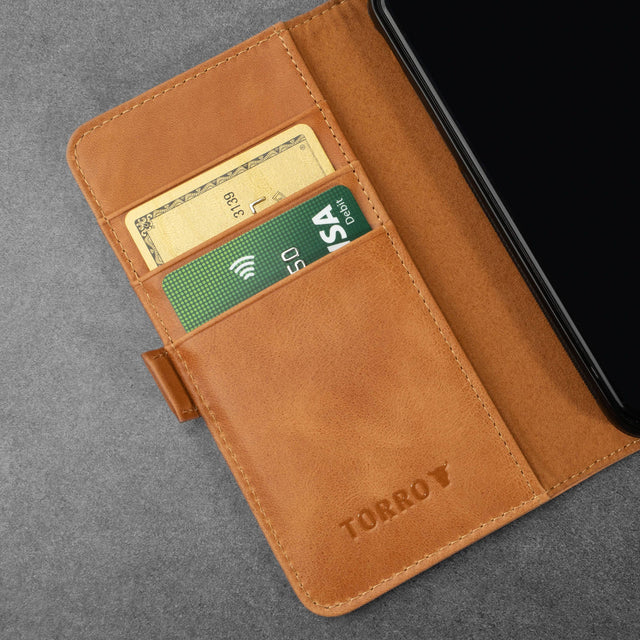 Card slots on the inside of the Tan Leather Stand Case for iPhone SE (2020), iPhone 8 and iPhone 7