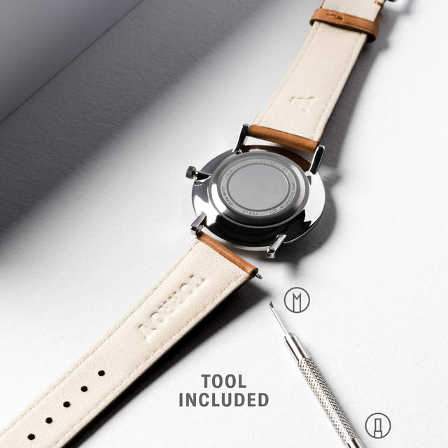Highlighting the dual function tool (included) to easily swap the Luxury Tan Leather Watch Strap