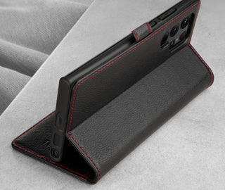 Integrated stand function of the Black Leather (with Red Stitching) Case for Samsung Galaxy S22 Ultra