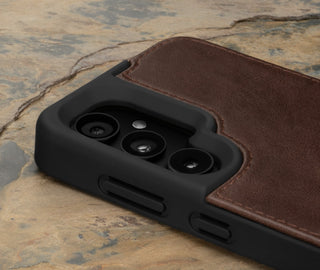 Camera cutout on the Dark Brown Leather Bumper Case for Samsung Galaxy S24