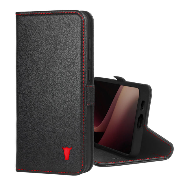 Torro Case Compatible with Samsung Galaxy S24+ Plus 5G – Premium Leather Wallet Case with Kickstand and Card Slots (Black with Red detail)