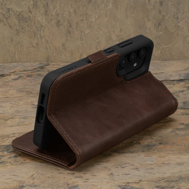 Stand feature of the Dark Brown Leather Wallet Case for Samsung Galaxy S24