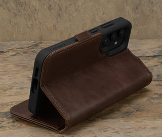 Stand feature of the Dark Brown Leather Wallet Case for Samsung Galaxy S24