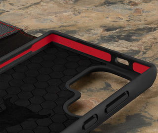 GEO-AS-3 technology in the Black with Red Detail Leather Wallet Case for Samsung Galaxy S24 Ultra