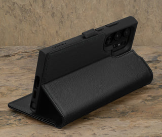 Stand feature of the Black Leather Wallet Case for Samsung Galaxy S24 Ultra