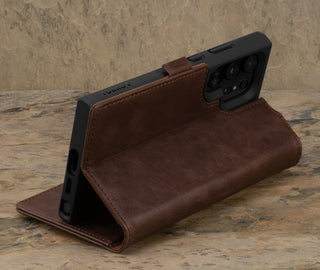 Stand feature of the Dark Brown Leather Wallet Case for Samsung Galaxy S24 Ultra