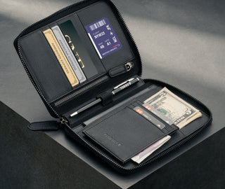 Black Leather Solo Travel Wallet containing multiple cards, boarding pass, currency and passport